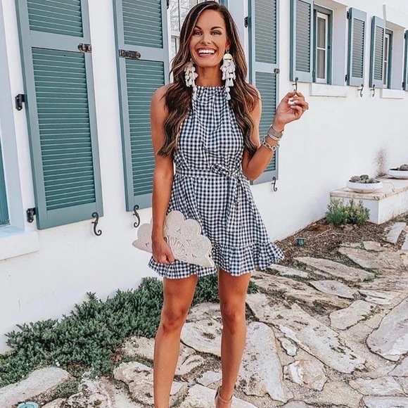 SUNDRESS GINGHAM DRESS WITH POM POM BACK- SIZE M/L. Wore once. - Picture 2 of 5